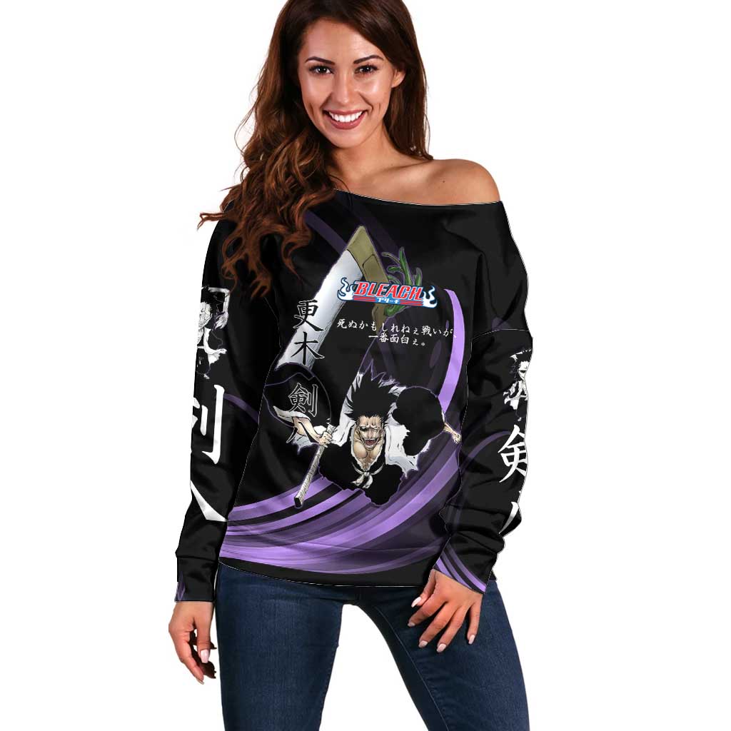 Kenpachi Zaraki Bleach Anime Black and Purple Theme Off Shoulder Sweater with Battle Stance and Japanese Quote Design - The Mazicc