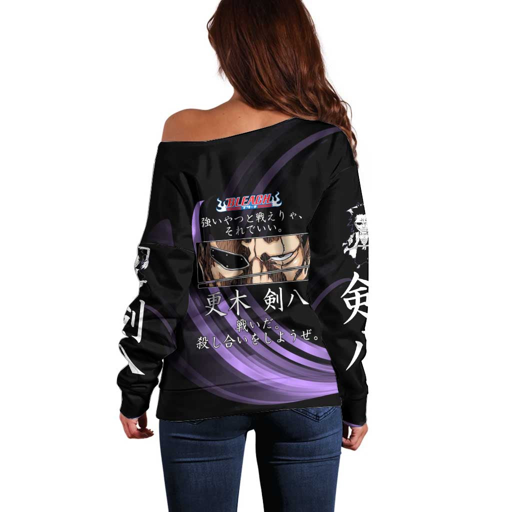 Kenpachi Zaraki Bleach Anime Black and Purple Theme Off Shoulder Sweater with Battle Stance and Japanese Quote Design - The Mazicc