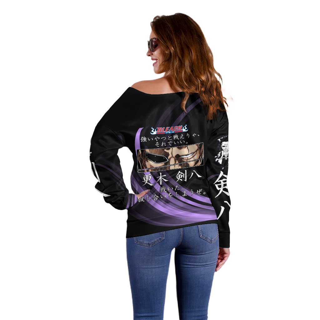 Kenpachi Zaraki Bleach Anime Black and Purple Theme Off Shoulder Sweater with Battle Stance and Japanese Quote Design - The Mazicc