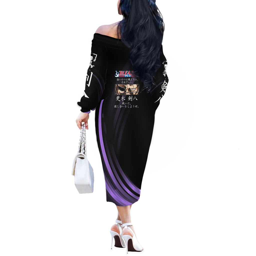 Kenpachi Zaraki Bleach Anime Black and Purple Theme Off The Shoulder Long Sleeve Dress with Battle Stance and Japanese Quote Design - The Mazicc