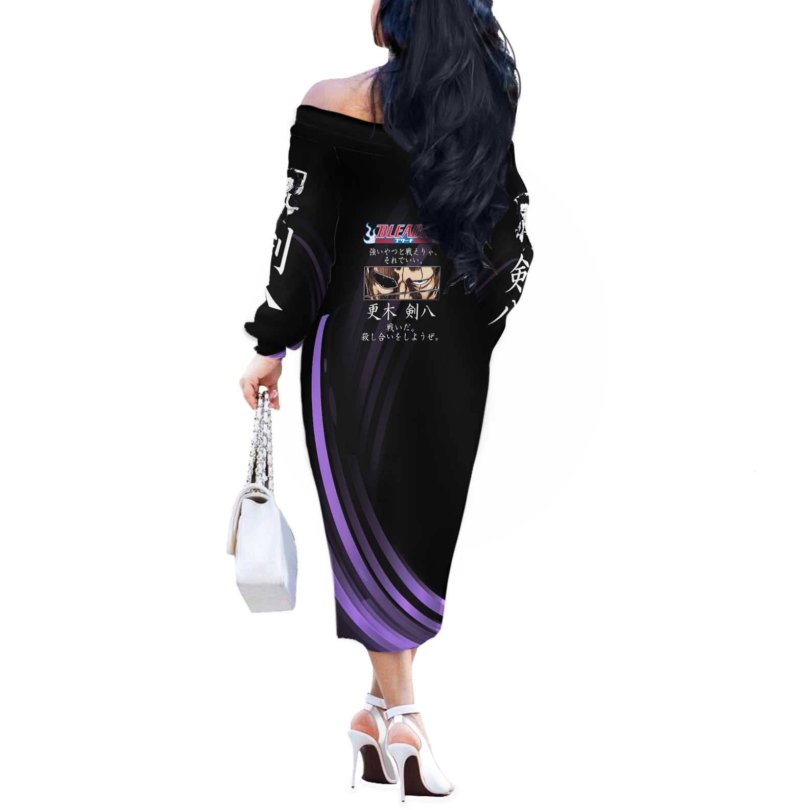 Kenpachi Zaraki Bleach Anime Black and Purple Theme Off The Shoulder Long Sleeve Dress with Battle Stance and Japanese Quote Design - The Mazicc