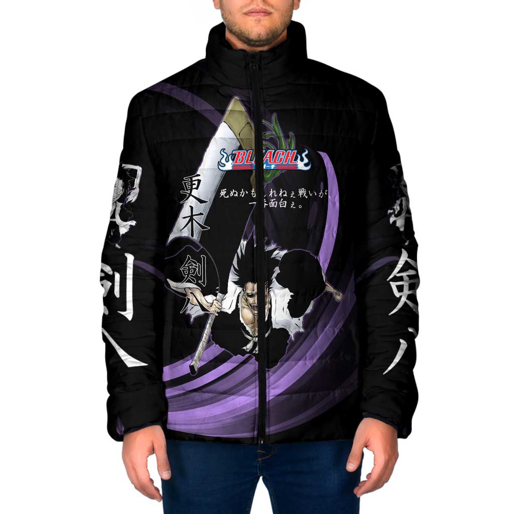 Kenpachi Zaraki Bleach Anime Black and Purple Theme Padded Jacket with Battle Stance and Japanese Quote Design - The Mazicc