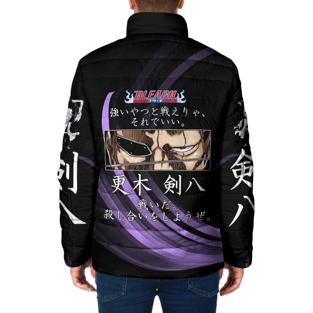 Kenpachi Zaraki Bleach Anime Black and Purple Theme Padded Jacket with Battle Stance and Japanese Quote Design - The Mazicc