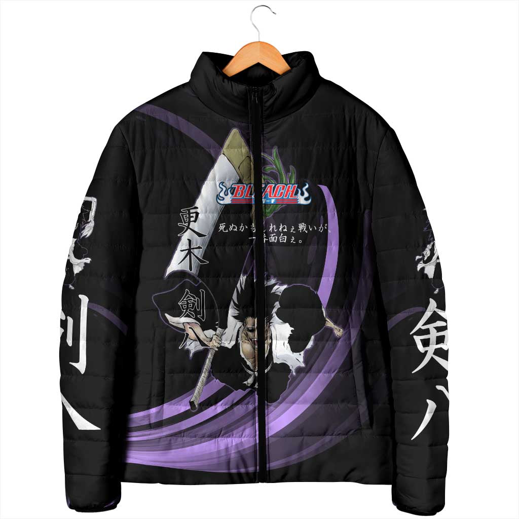 Kenpachi Zaraki Bleach Anime Black and Purple Theme Padded Jacket with Battle Stance and Japanese Quote Design - The Mazicc