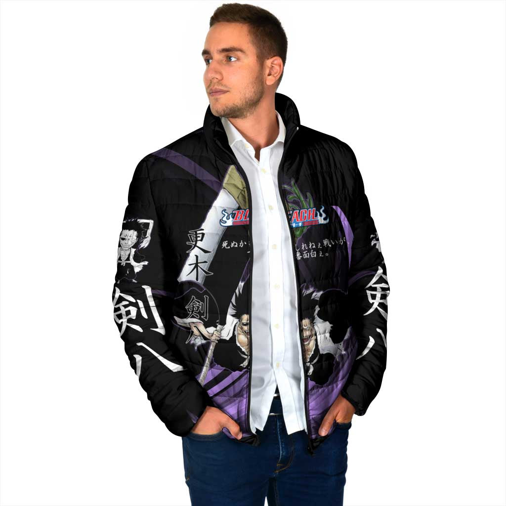 Kenpachi Zaraki Bleach Anime Black and Purple Theme Padded Jacket with Battle Stance and Japanese Quote Design - The Mazicc
