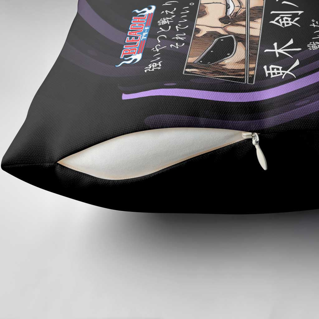 Kenpachi Zaraki Bleach Anime Black and Purple Theme Pillow Cover with Battle Stance and Japanese Quote Design - The Mazicc