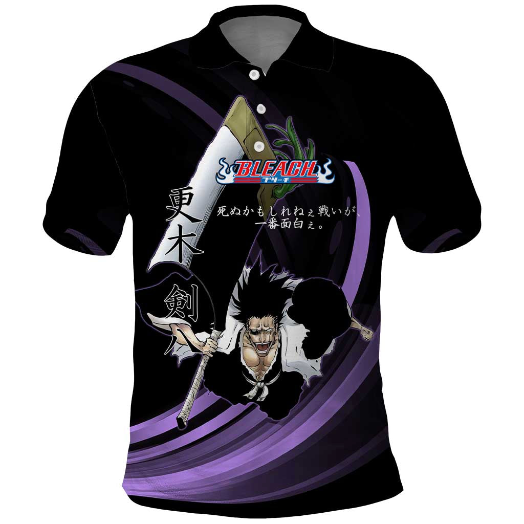 Kenpachi Zaraki Bleach Anime Black and Purple Theme Polo Shirt with Battle Stance and Japanese Quote Design - The Mazicc