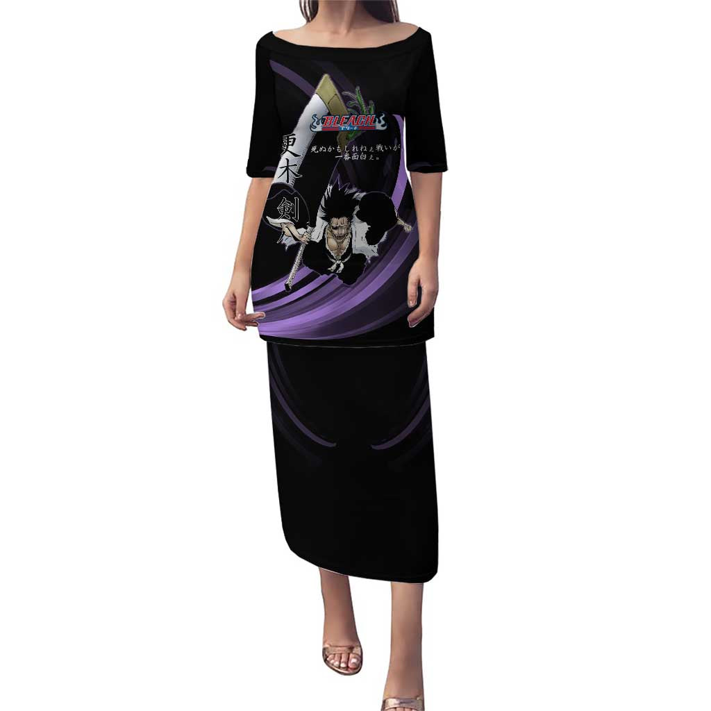 Kenpachi Zaraki Bleach Anime Black and Purple Theme Puletasi with Battle Stance and Japanese Quote Design - The Mazicc