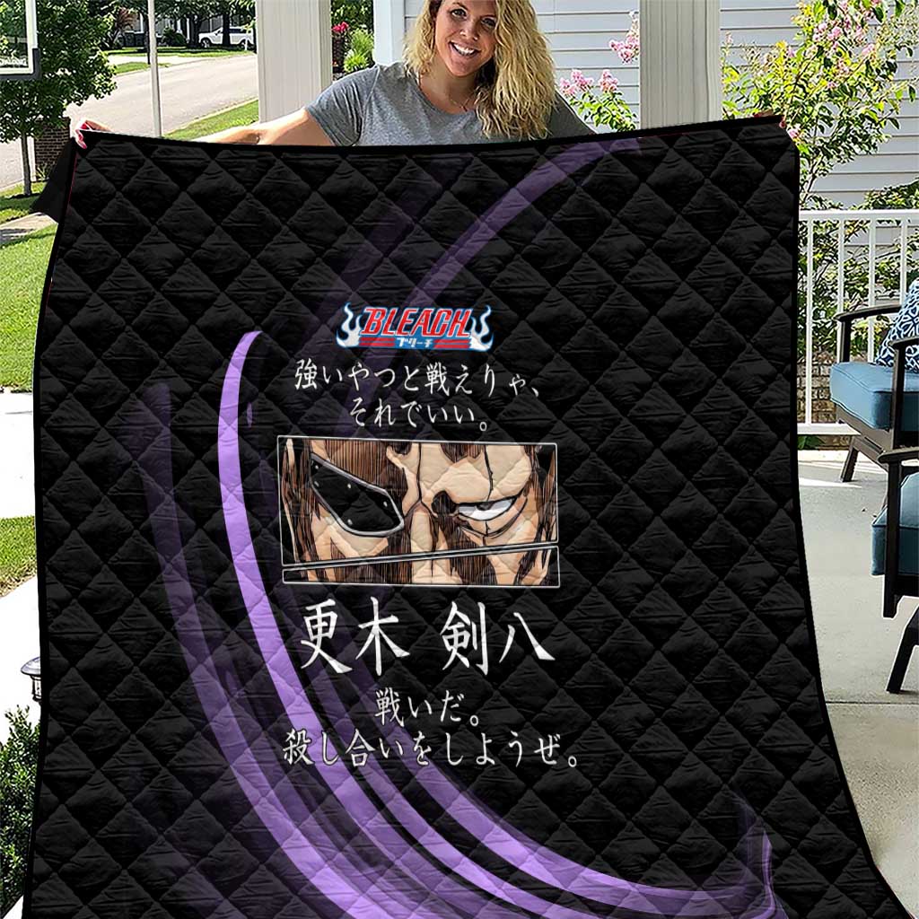 Kenpachi Zaraki Bleach Anime Black and Purple Theme Quilt with Battle Stance and Japanese Quote Design - The Mazicc