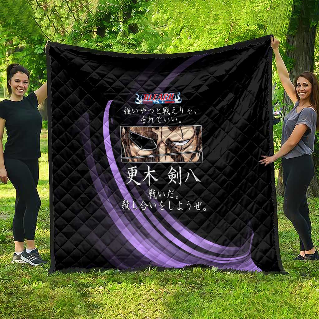 Kenpachi Zaraki Bleach Anime Black and Purple Theme Quilt with Battle Stance and Japanese Quote Design - The Mazicc