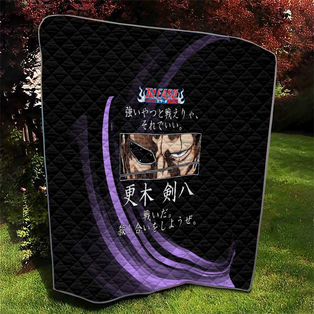 Kenpachi Zaraki Bleach Anime Black and Purple Theme Quilt with Battle Stance and Japanese Quote Design - The Mazicc