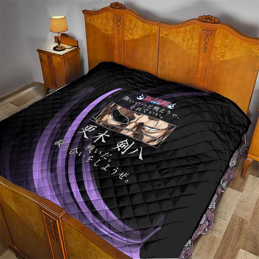 Kenpachi Zaraki Bleach Anime Black and Purple Theme Quilt with Battle Stance and Japanese Quote Design - The Mazicc