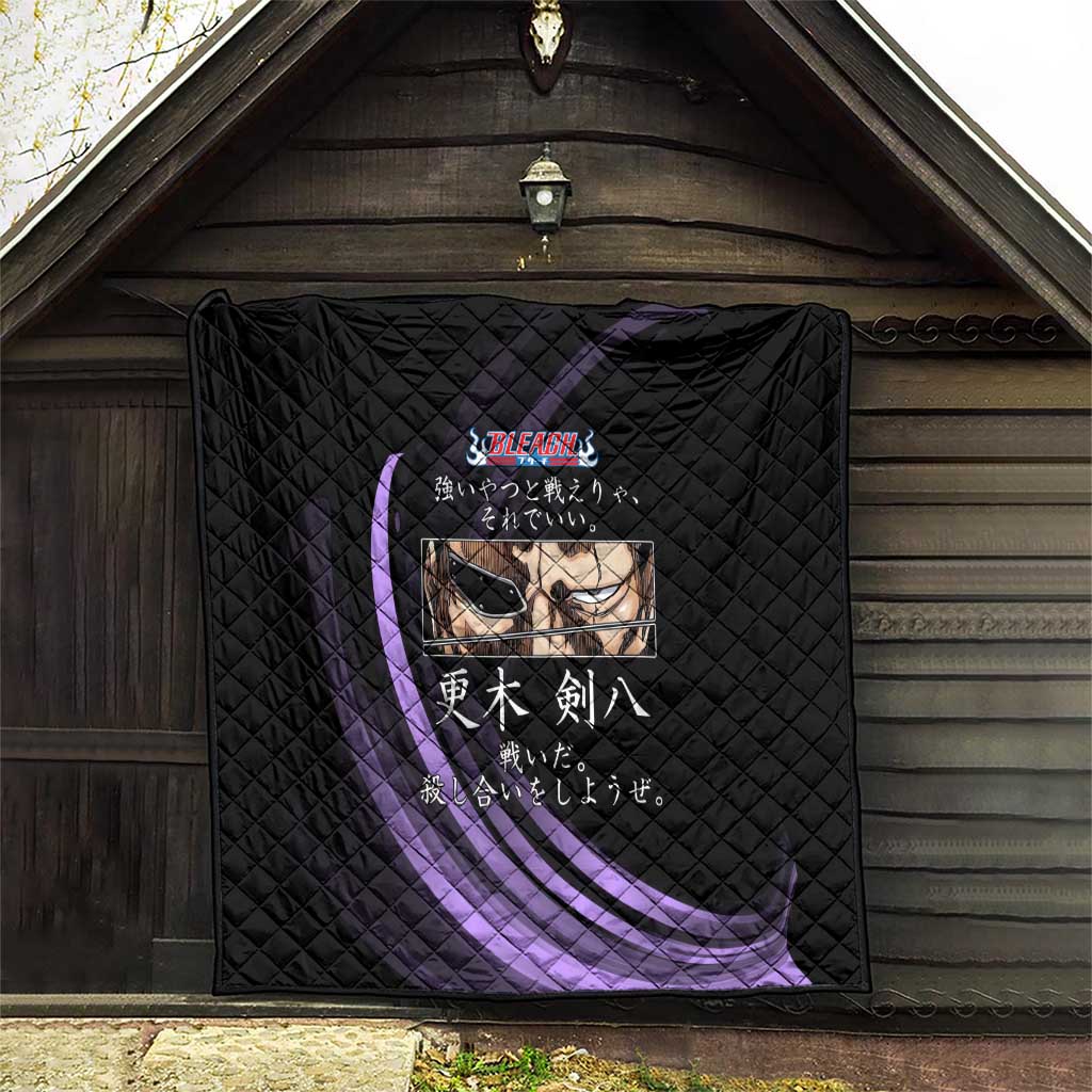 Kenpachi Zaraki Bleach Anime Black and Purple Theme Quilt with Battle Stance and Japanese Quote Design - The Mazicc