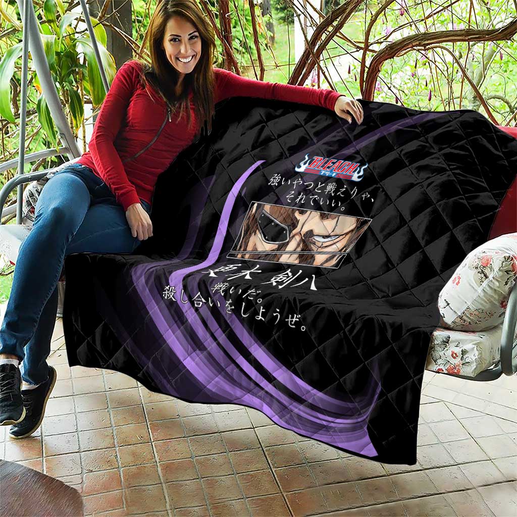 Kenpachi Zaraki Bleach Anime Black and Purple Theme Quilt with Battle Stance and Japanese Quote Design - The Mazicc