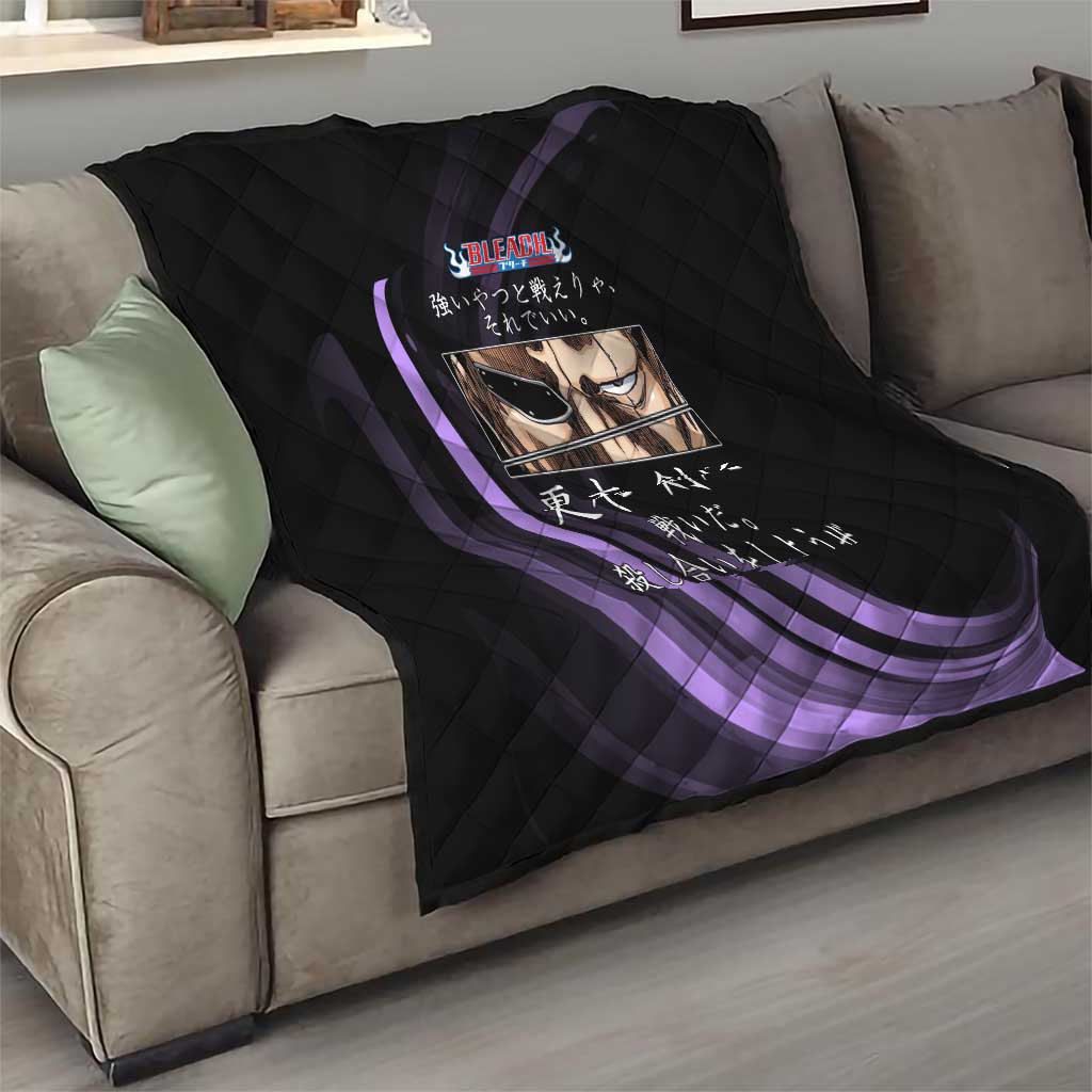 Kenpachi Zaraki Bleach Anime Black and Purple Theme Quilt with Battle Stance and Japanese Quote Design - The Mazicc