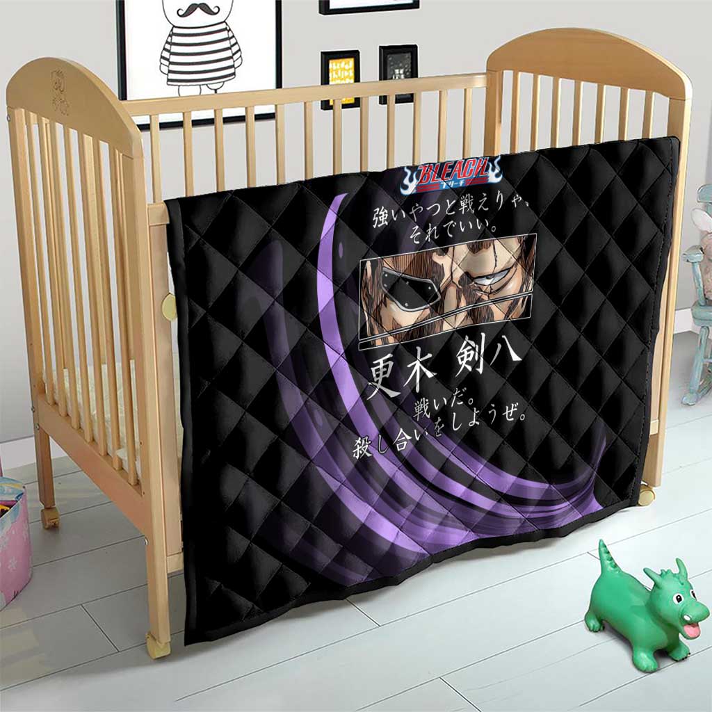 Kenpachi Zaraki Bleach Anime Black and Purple Theme Quilt with Battle Stance and Japanese Quote Design - The Mazicc