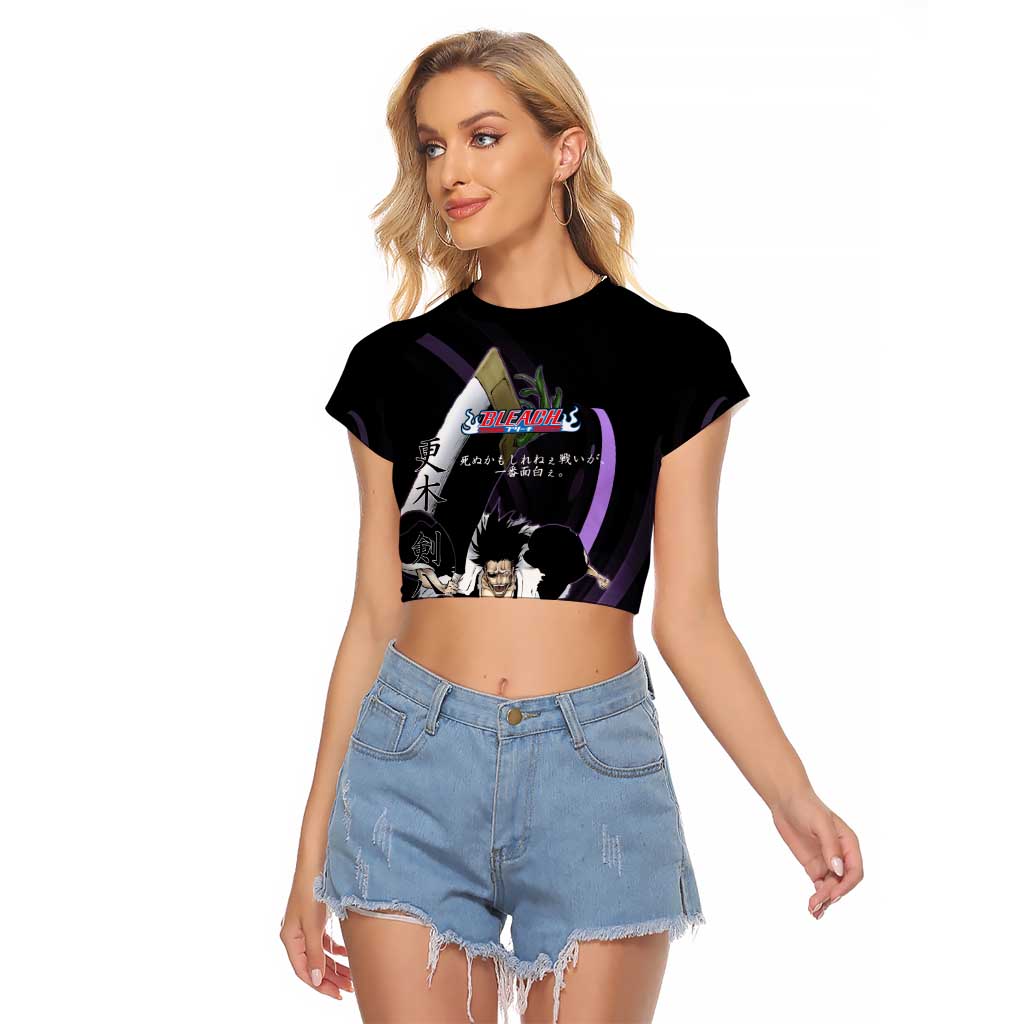 Kenpachi Zaraki Bleach Anime Black and Purple Theme Raglan Cropped T Shirt with Battle Stance and Japanese Quote Design - The Mazicc