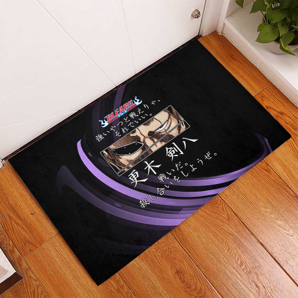 Kenpachi Zaraki Bleach Anime Black and Purple Theme Rubber Doormat with Battle Stance and Japanese Quote Design - The Mazicc
