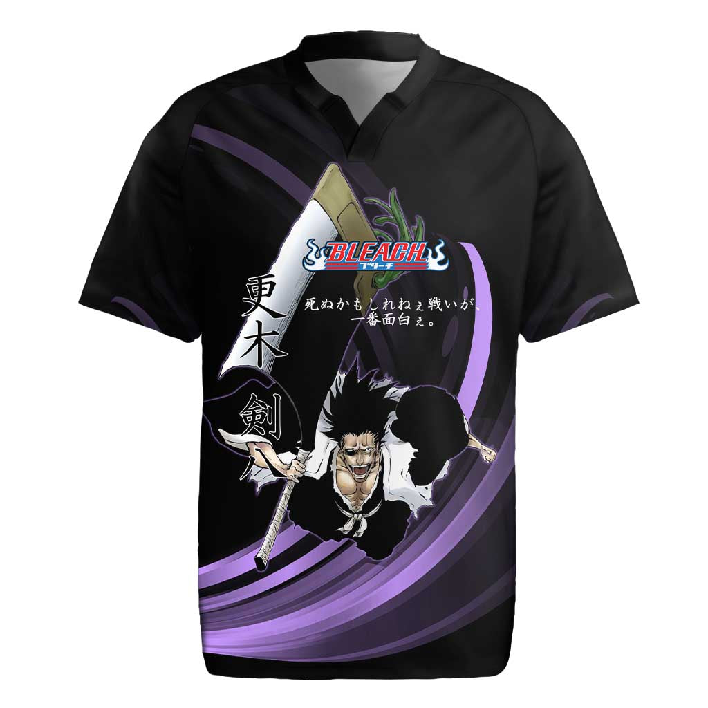Kenpachi Zaraki Bleach Anime Black and Purple Theme Rugby Jersey with Battle Stance and Japanese Quote Design - The Mazicc