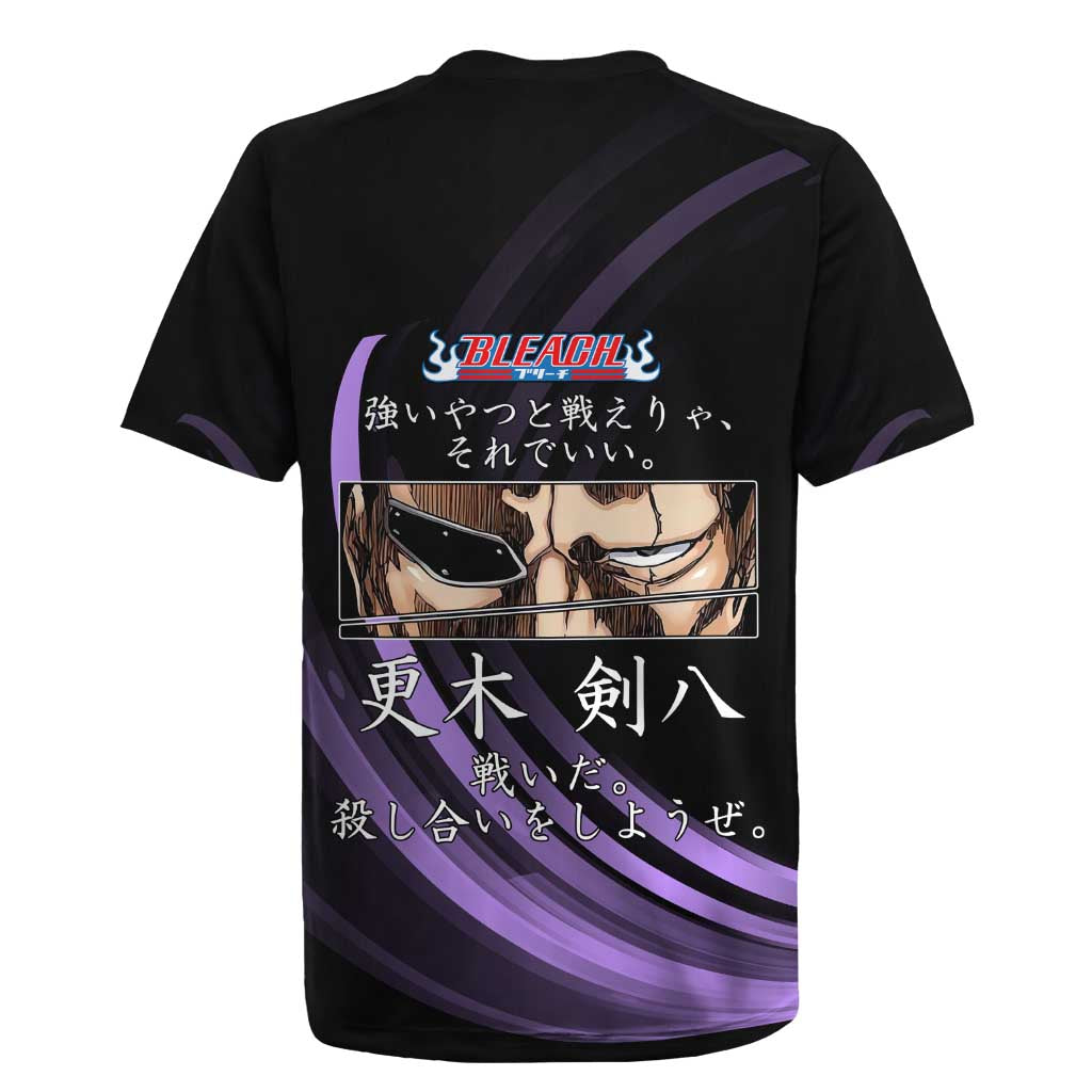 Kenpachi Zaraki Bleach Anime Black and Purple Theme Rugby Jersey with Battle Stance and Japanese Quote Design - The Mazicc