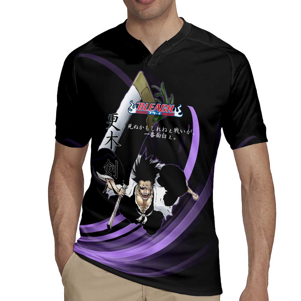 Kenpachi Zaraki Bleach Anime Black and Purple Theme Rugby Jersey with Battle Stance and Japanese Quote Design - The Mazicc