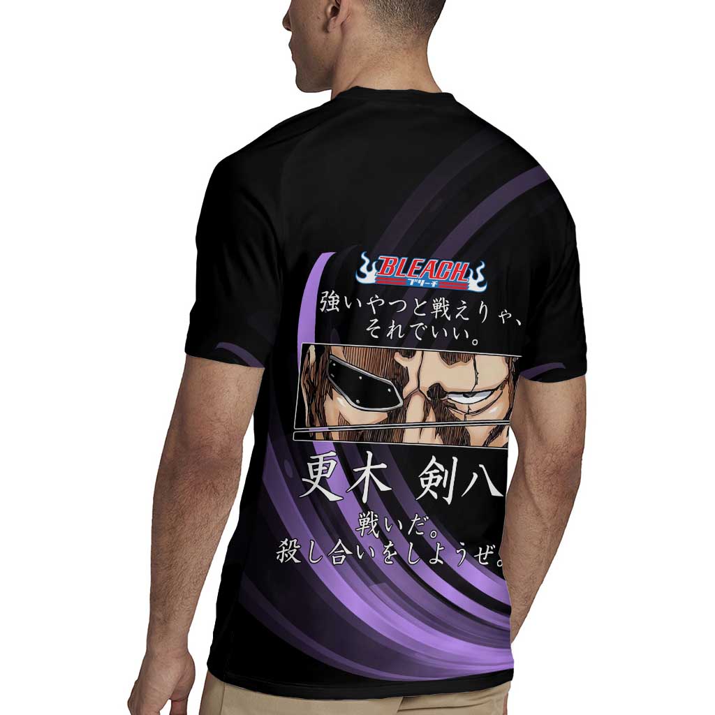 Kenpachi Zaraki Bleach Anime Black and Purple Theme Rugby Jersey with Battle Stance and Japanese Quote Design - The Mazicc