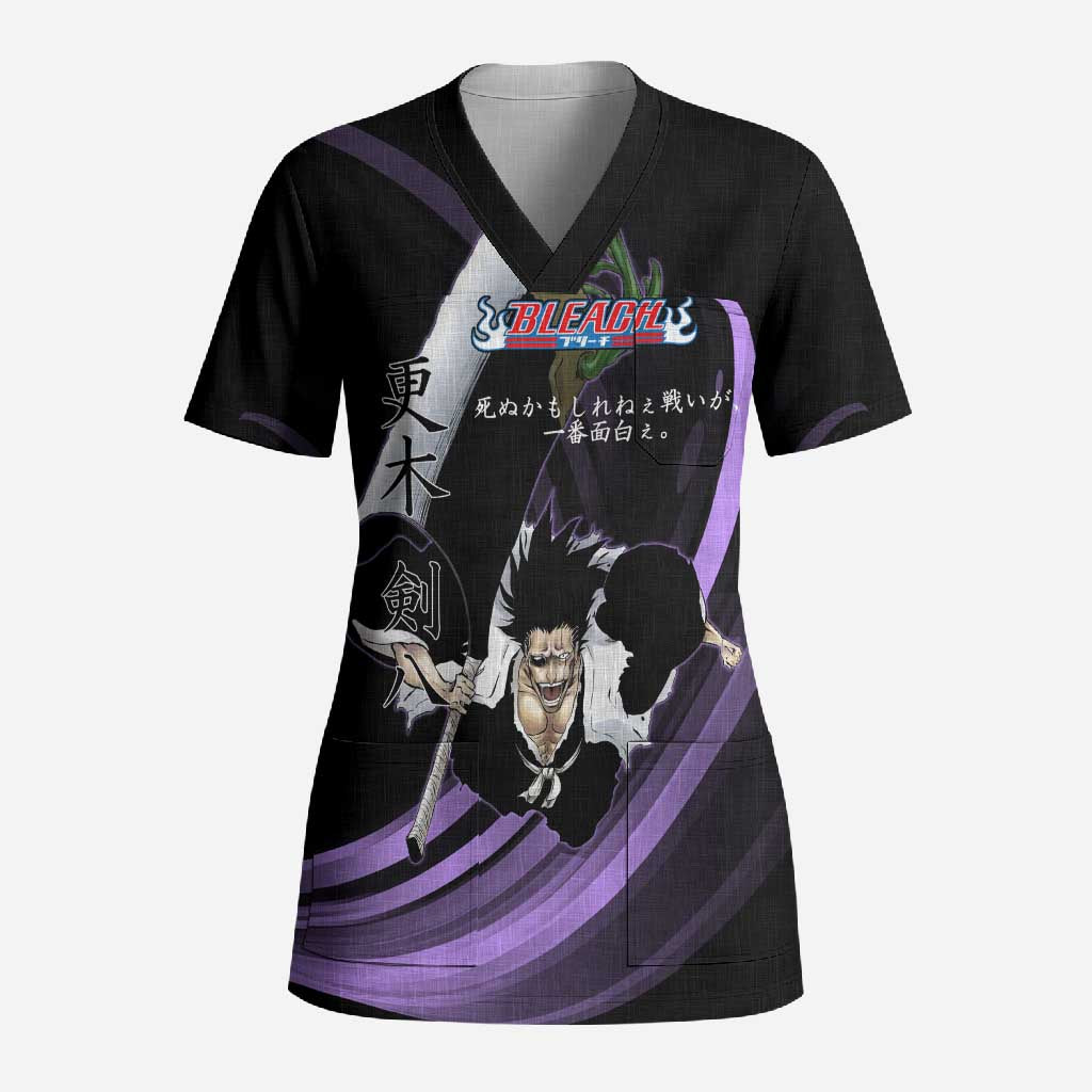 Kenpachi Zaraki Bleach Anime Black and Purple Theme Scrub Top with Battle Stance and Japanese Quote Design - The Mazicc
