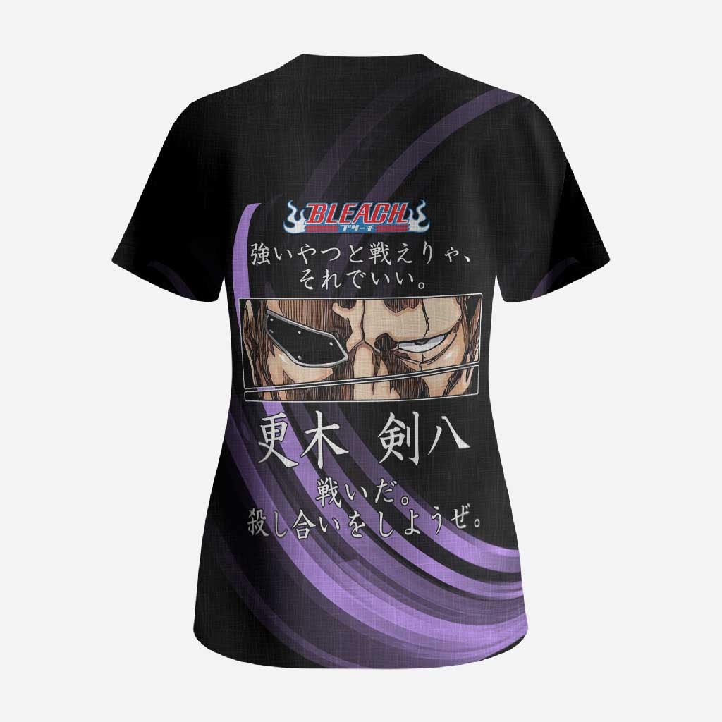 Kenpachi Zaraki Bleach Anime Black and Purple Theme Scrub Top with Battle Stance and Japanese Quote Design - The Mazicc