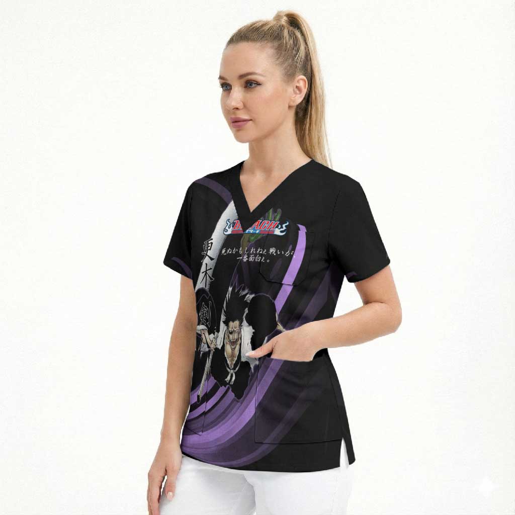 Kenpachi Zaraki Bleach Anime Black and Purple Theme Scrub Top with Battle Stance and Japanese Quote Design - The Mazicc
