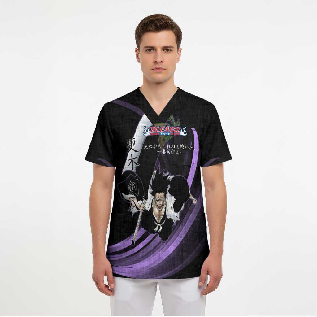 Kenpachi Zaraki Bleach Anime Black and Purple Theme Scrub Top with Battle Stance and Japanese Quote Design - The Mazicc