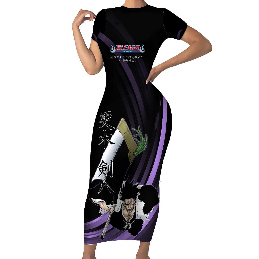 Kenpachi Zaraki Bleach Anime Black and Purple Theme Short Sleeve Bodycon Dress with Battle Stance and Japanese Quote Design - The Mazicc