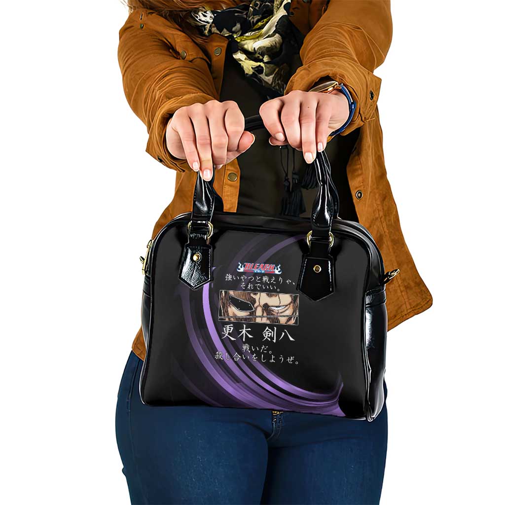 Kenpachi Zaraki Bleach Anime Black and Purple Theme Shoulder Handbag with Battle Stance and Japanese Quote Design - The Mazicc