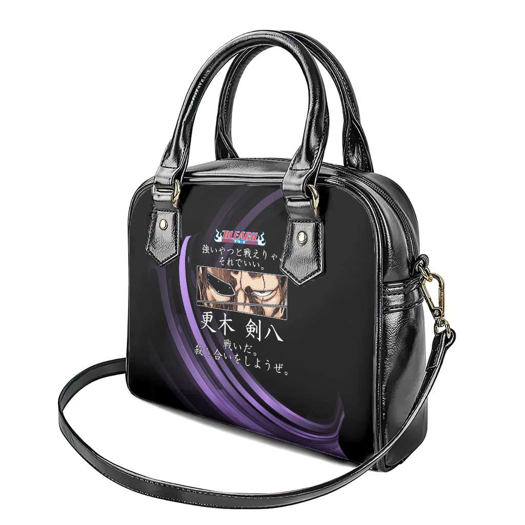 Kenpachi Zaraki Bleach Anime Black and Purple Theme Shoulder Handbag with Battle Stance and Japanese Quote Design - The Mazicc