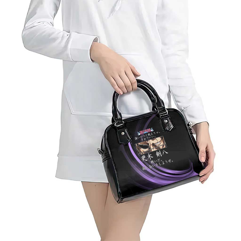 Kenpachi Zaraki Bleach Anime Black and Purple Theme Shoulder Handbag with Battle Stance and Japanese Quote Design - The Mazicc