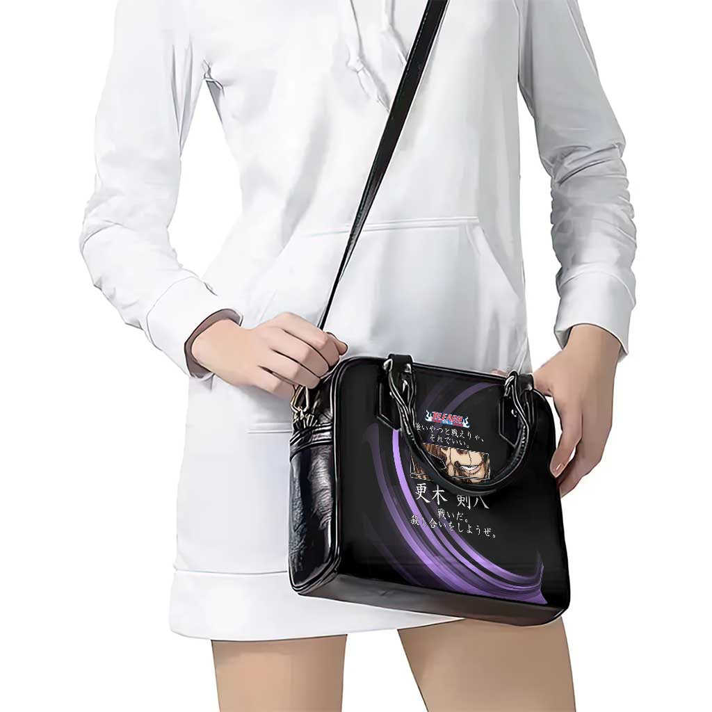 Kenpachi Zaraki Bleach Anime Black and Purple Theme Shoulder Handbag with Battle Stance and Japanese Quote Design - The Mazicc