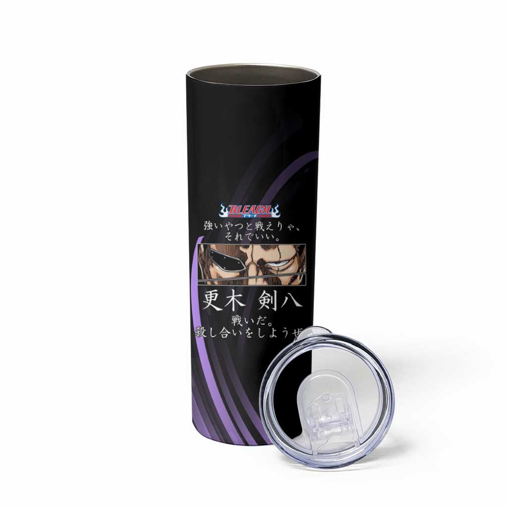 Kenpachi Zaraki Bleach Anime Black and Purple Theme Skinny Tumbler with Battle Stance and Japanese Quote Design - The Mazicc
