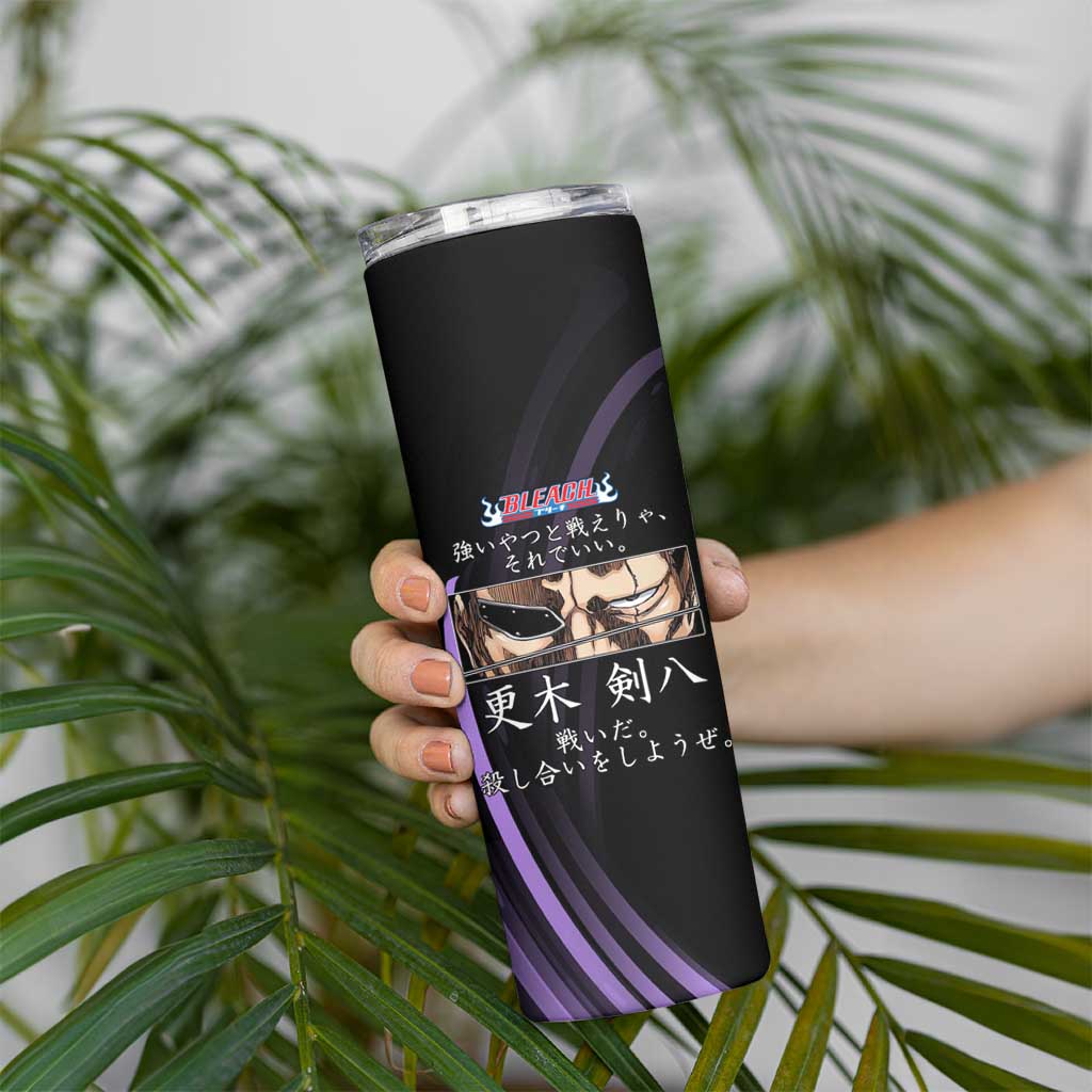 Kenpachi Zaraki Bleach Anime Black and Purple Theme Skinny Tumbler with Battle Stance and Japanese Quote Design - The Mazicc