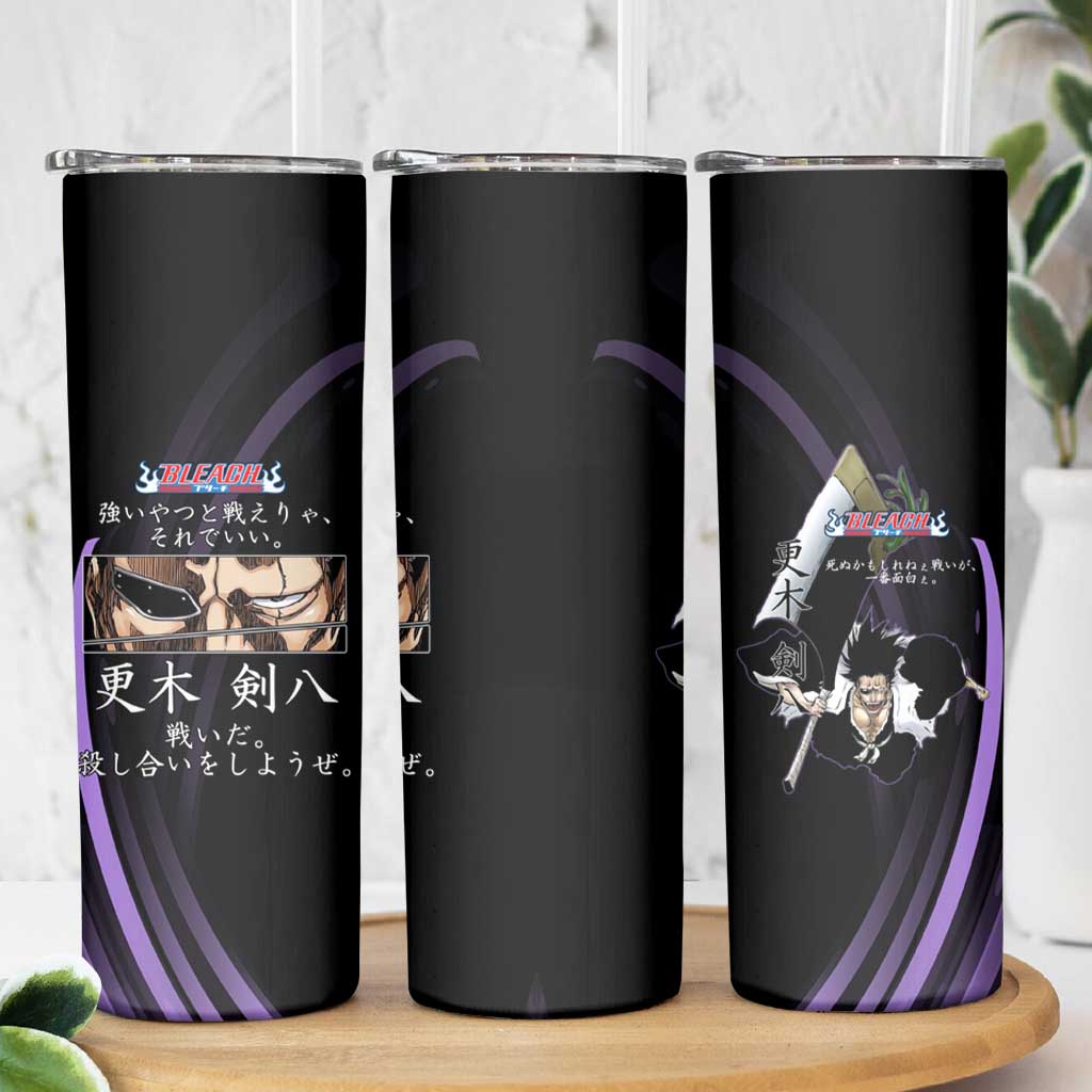 Kenpachi Zaraki Bleach Anime Black and Purple Theme Skinny Tumbler with Battle Stance and Japanese Quote Design - The Mazicc