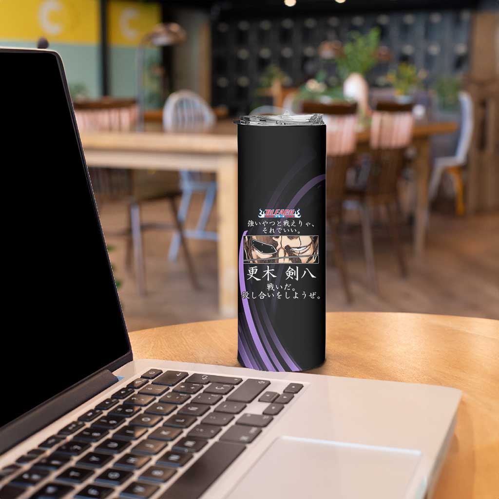 Kenpachi Zaraki Bleach Anime Black and Purple Theme Skinny Tumbler with Battle Stance and Japanese Quote Design - The Mazicc