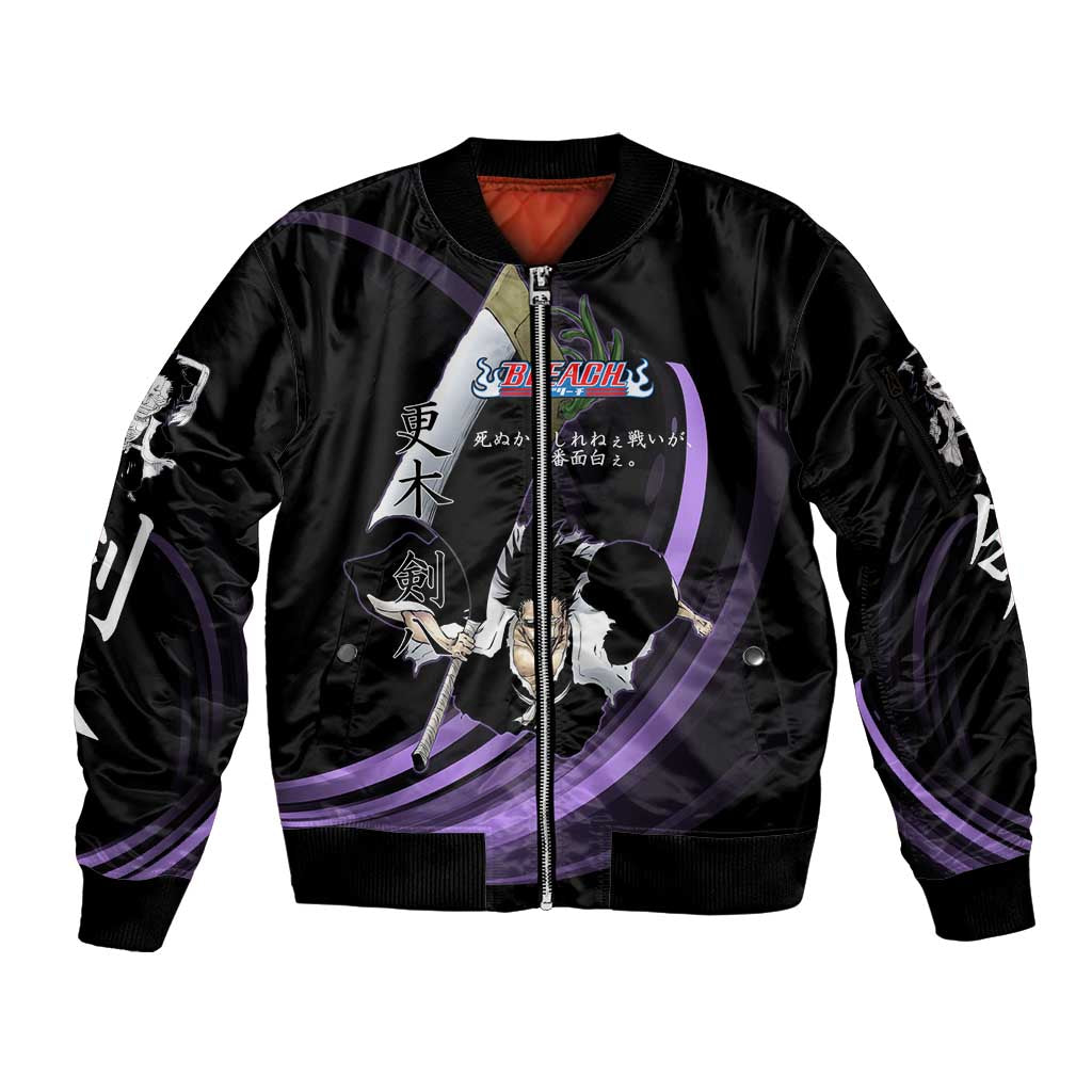 Kenpachi Zaraki Bleach Anime Black and Purple Theme Sleeve Zip Bomber Jacket with Battle Stance and Japanese Quote Design - The Mazicc