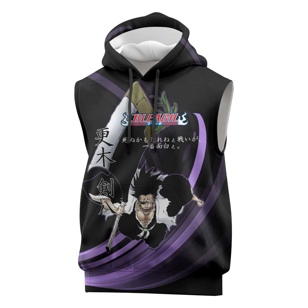 Kenpachi Zaraki Bleach Anime Black and Purple Theme Sleeveless Hoodie with Battle Stance and Japanese Quote Design - The Mazicc
