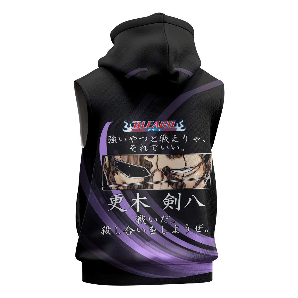 Kenpachi Zaraki Bleach Anime Black and Purple Theme Sleeveless Hoodie with Battle Stance and Japanese Quote Design - The Mazicc