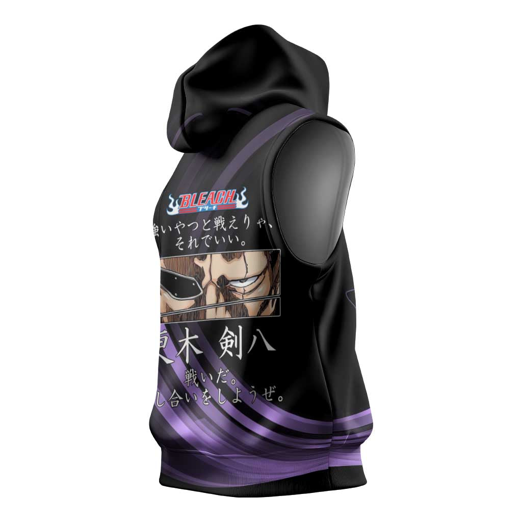 Kenpachi Zaraki Bleach Anime Black and Purple Theme Sleeveless Hoodie with Battle Stance and Japanese Quote Design - The Mazicc