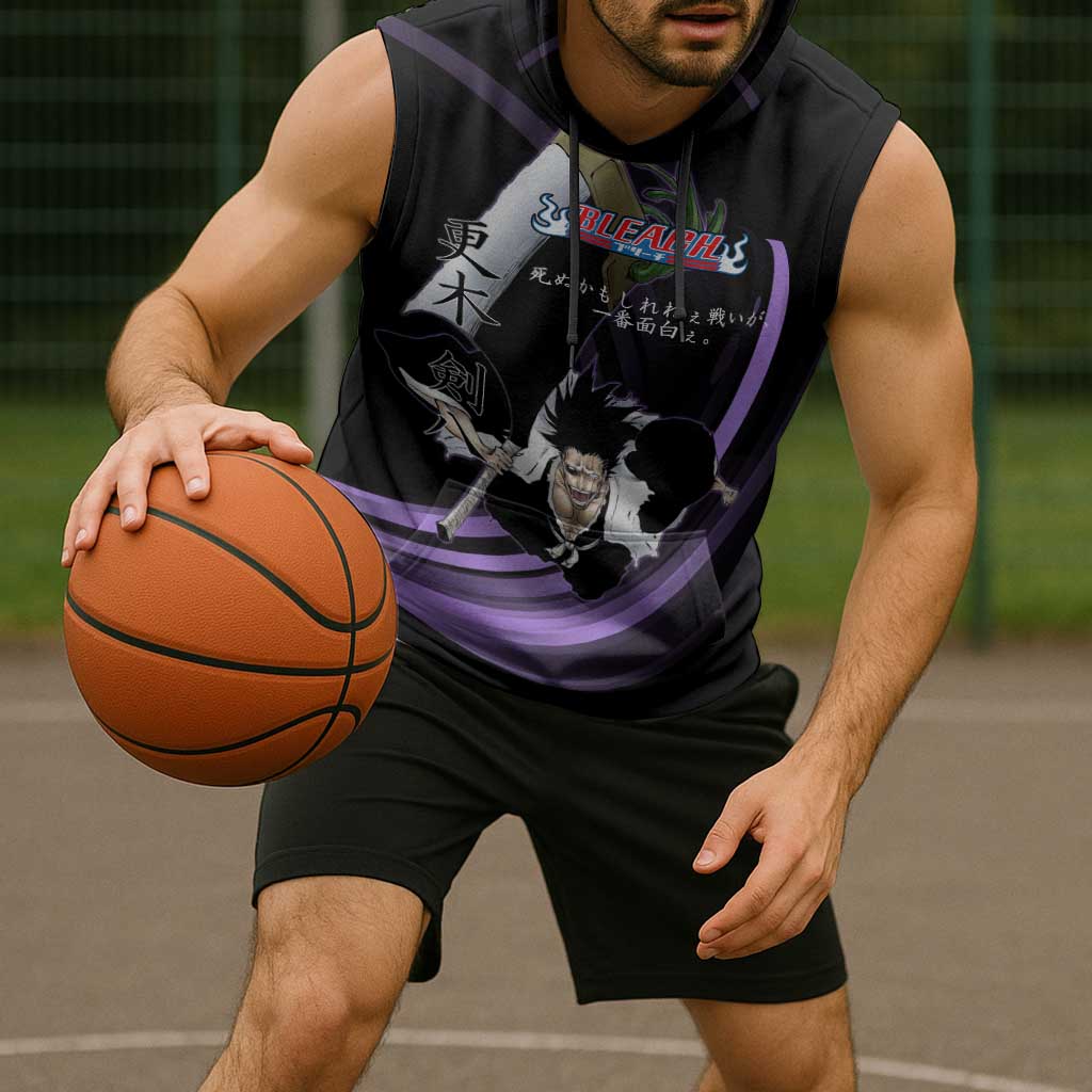Kenpachi Zaraki Bleach Anime Black and Purple Theme Sleeveless Hoodie with Battle Stance and Japanese Quote Design - The Mazicc