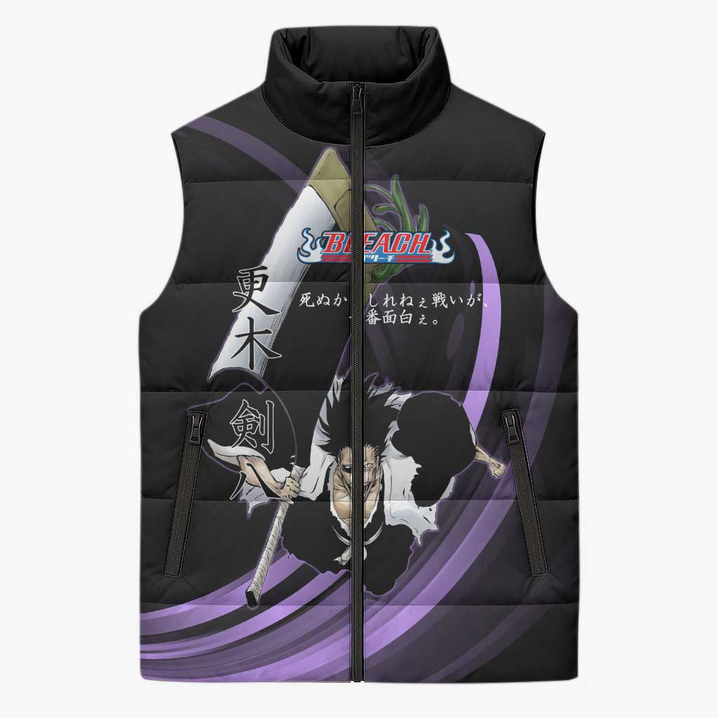 Kenpachi Zaraki Bleach Anime Black and Purple Theme Sleeveless Puffer Jacket with Battle Stance and Japanese Quote Design - The Mazicc