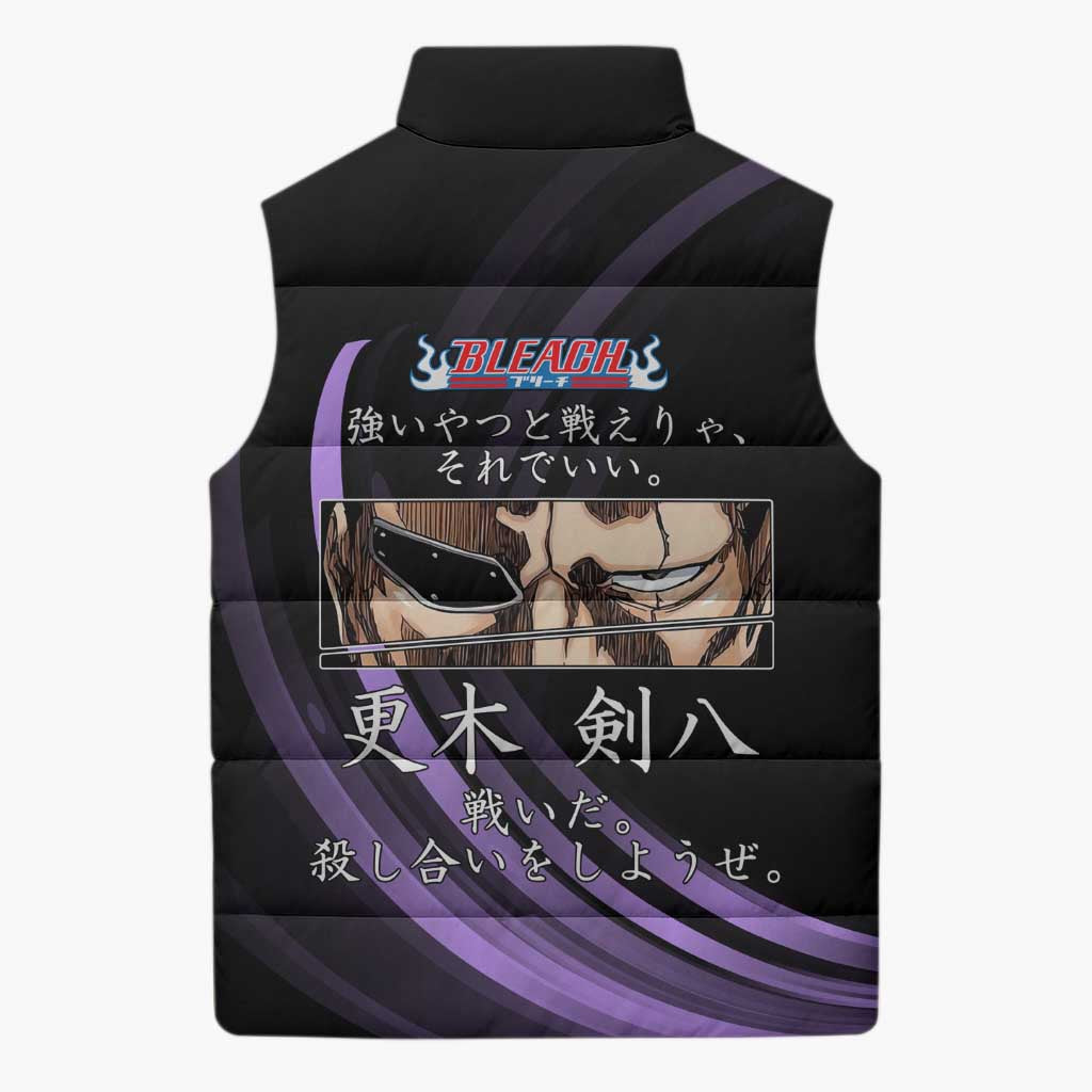 Kenpachi Zaraki Bleach Anime Black and Purple Theme Sleeveless Puffer Jacket with Battle Stance and Japanese Quote Design - The Mazicc