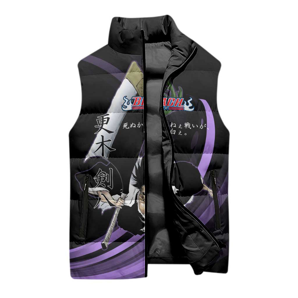Kenpachi Zaraki Bleach Anime Black and Purple Theme Sleeveless Puffer Jacket with Battle Stance and Japanese Quote Design - The Mazicc