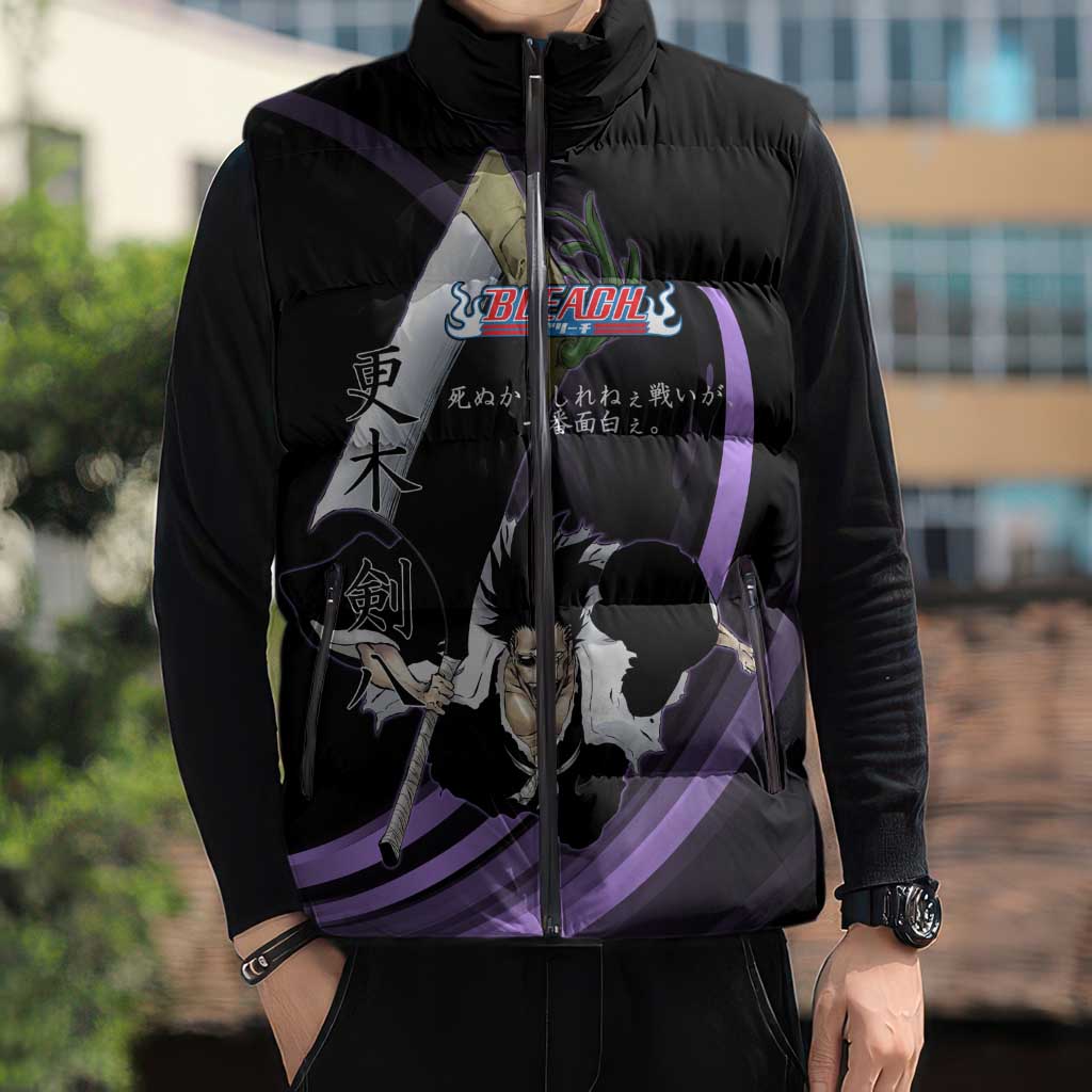 Kenpachi Zaraki Bleach Anime Black and Purple Theme Sleeveless Puffer Jacket with Battle Stance and Japanese Quote Design - The Mazicc
