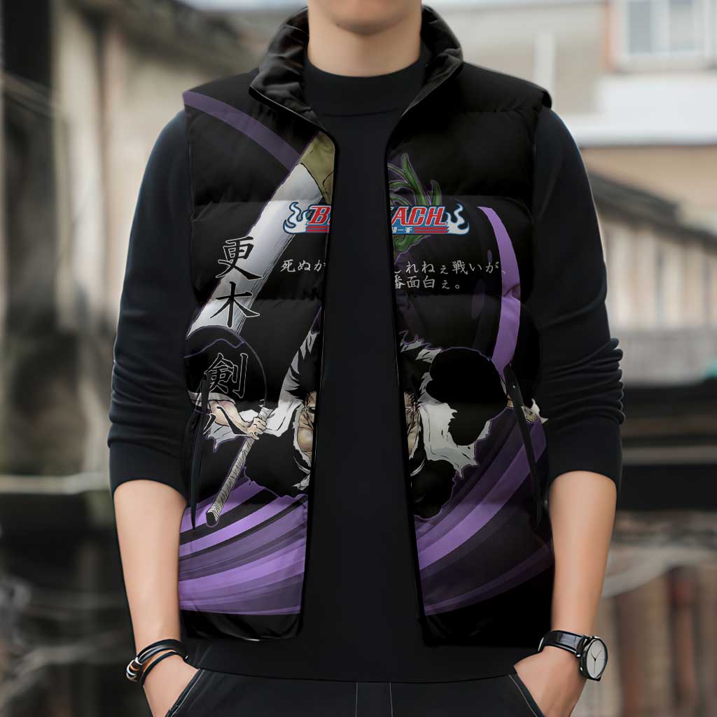 Kenpachi Zaraki Bleach Anime Black and Purple Theme Sleeveless Puffer Jacket with Battle Stance and Japanese Quote Design - The Mazicc