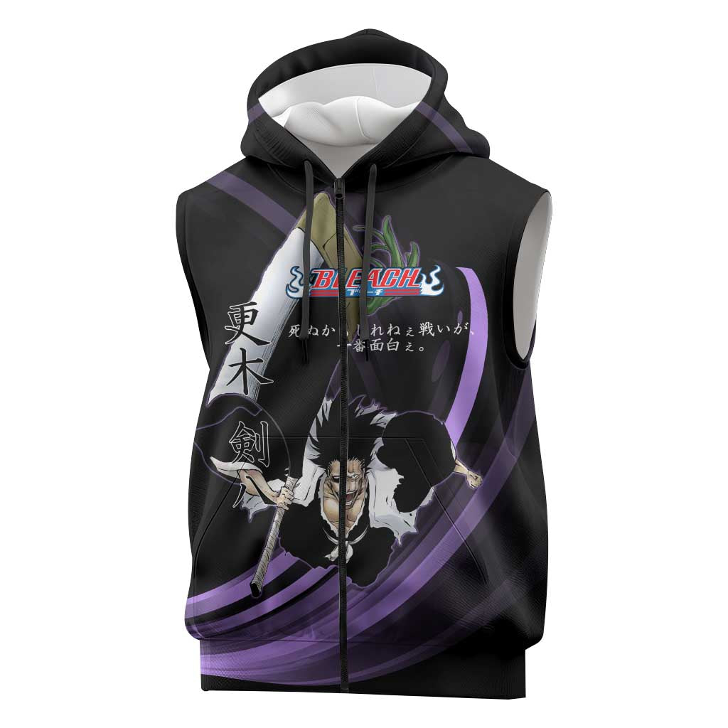 Kenpachi Zaraki Bleach Anime Black and Purple Theme Sleeveless Zip Hoodie with Battle Stance and Japanese Quote Design - The Mazicc